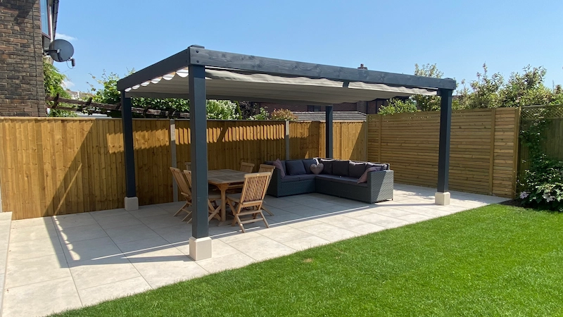 Modern pergola with retractable waterproof shade closed